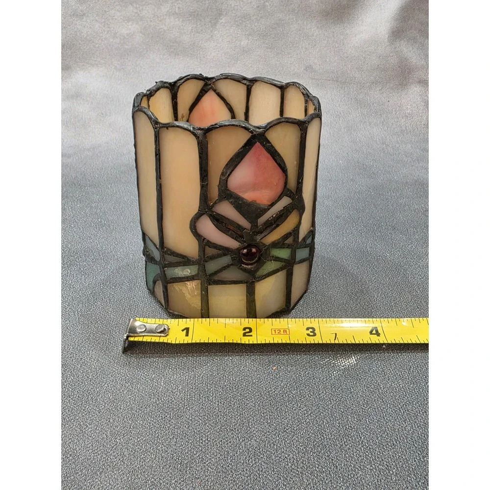 Vintage Stained Glass Votive Candle Holder Slag Glass Mission Style Cream Pink